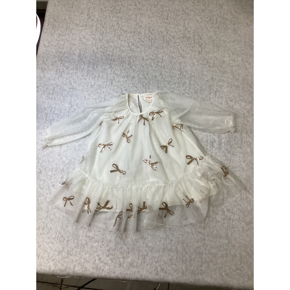 Cat & Jack Toddler‎ Girls White Sequin Bow Tulle Dress 2T Long Sleeve Holiday